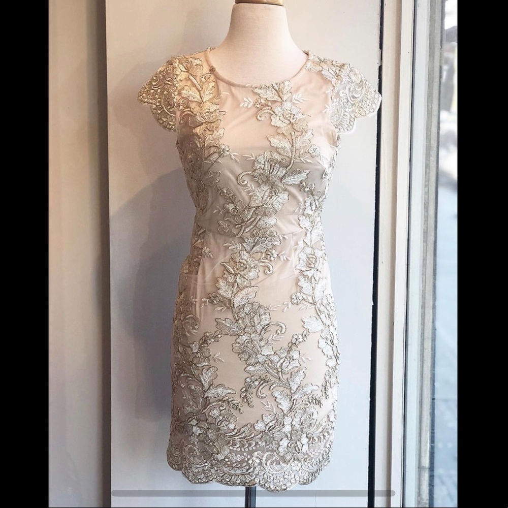 NWT Nude Dress with White and Gold Lace